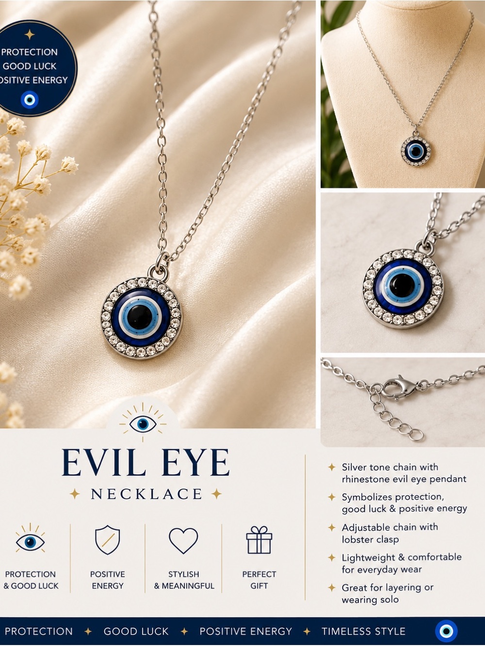 Evil Eye Silver-Tone Necklace with Blue Pendant